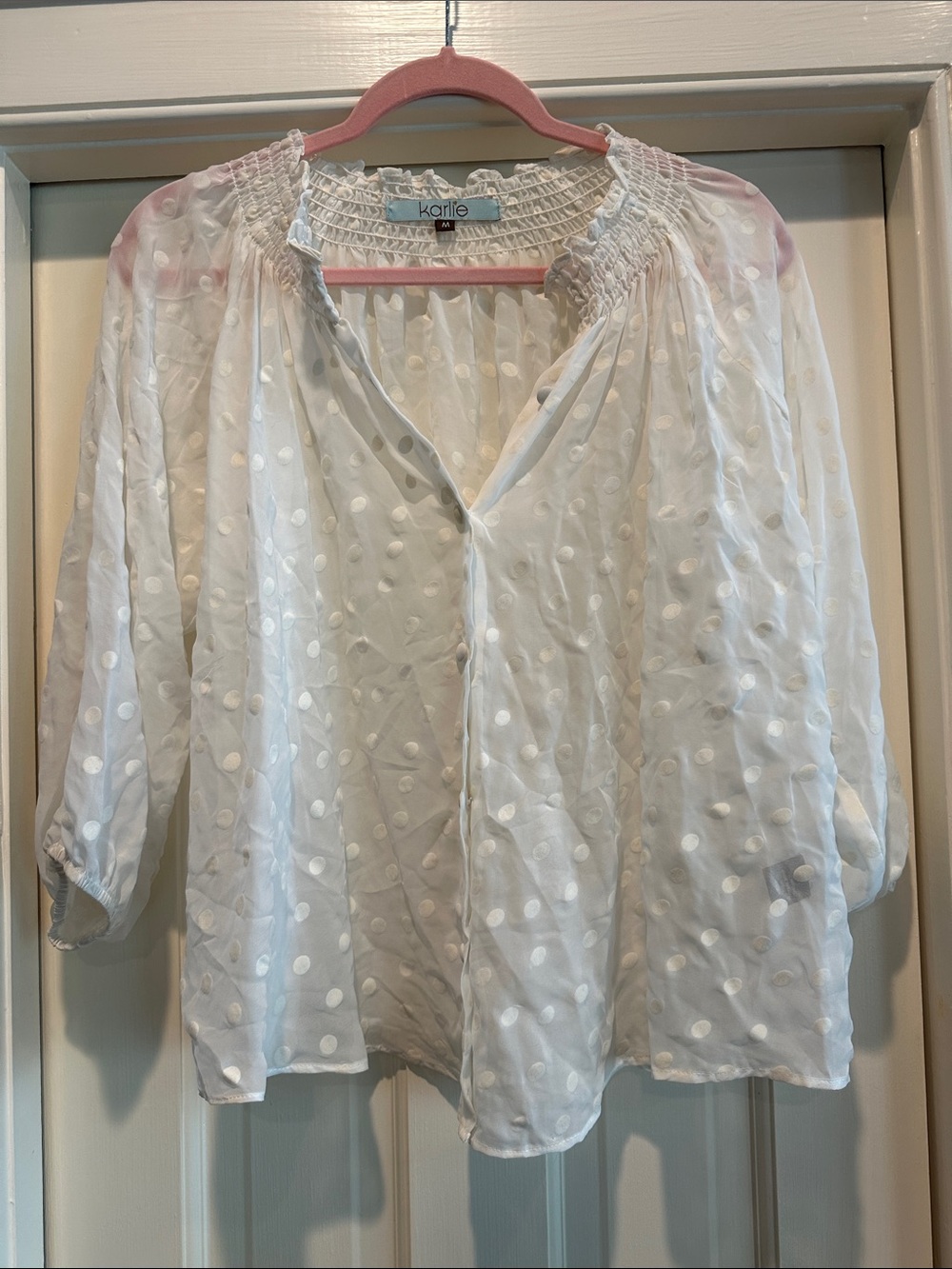 Karlie White Swiss Dot Smocked Neck Peasant Blouse